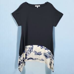 Elizabeth and James size 4 Women's Black Floral Print Shift Dress Silk Hi Low‎